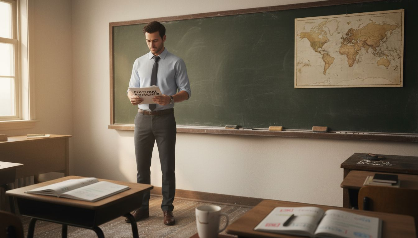 Teacher using cultural awareness materials in classroom