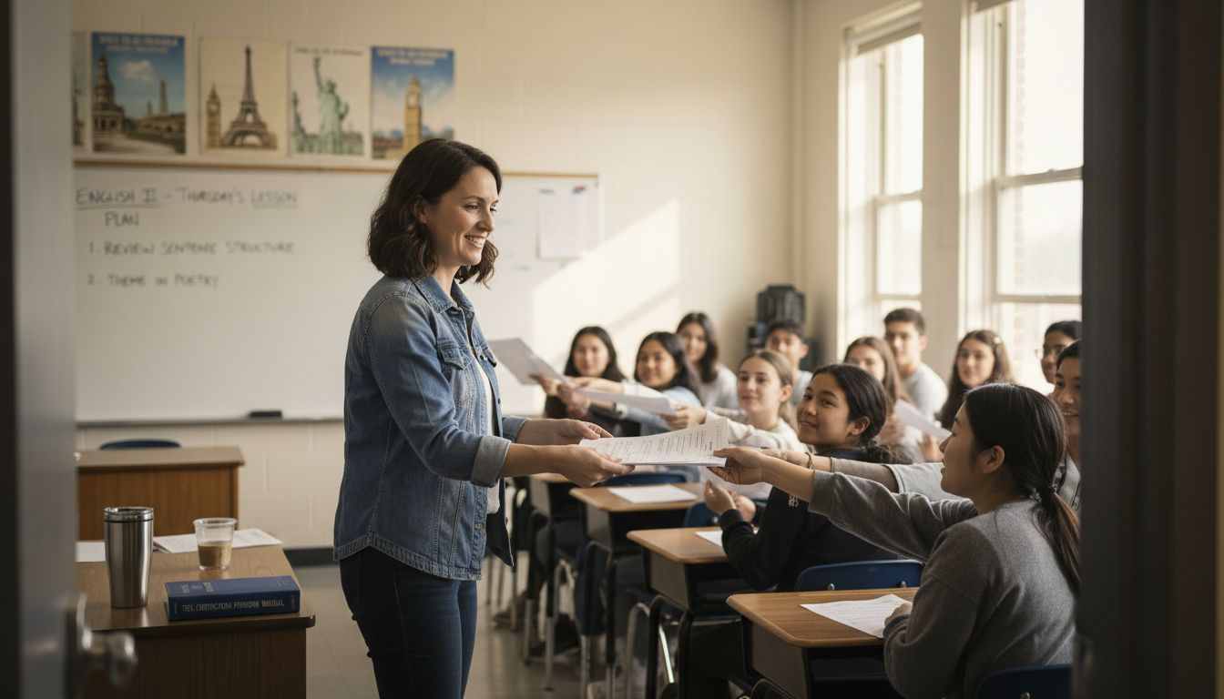 TEFL teacher distributing worksheets in classroom