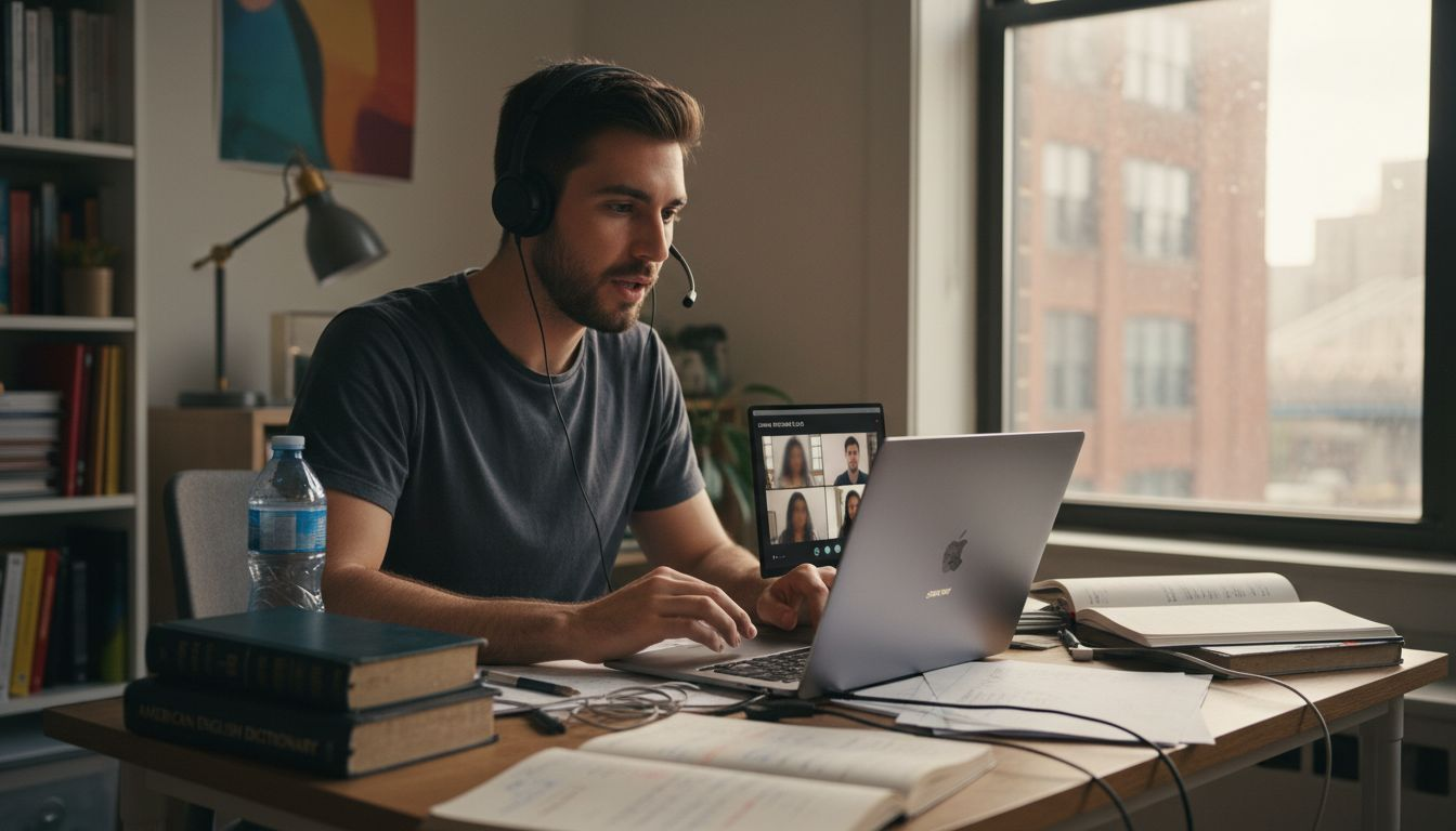 Online English teacher at laptop during lesson