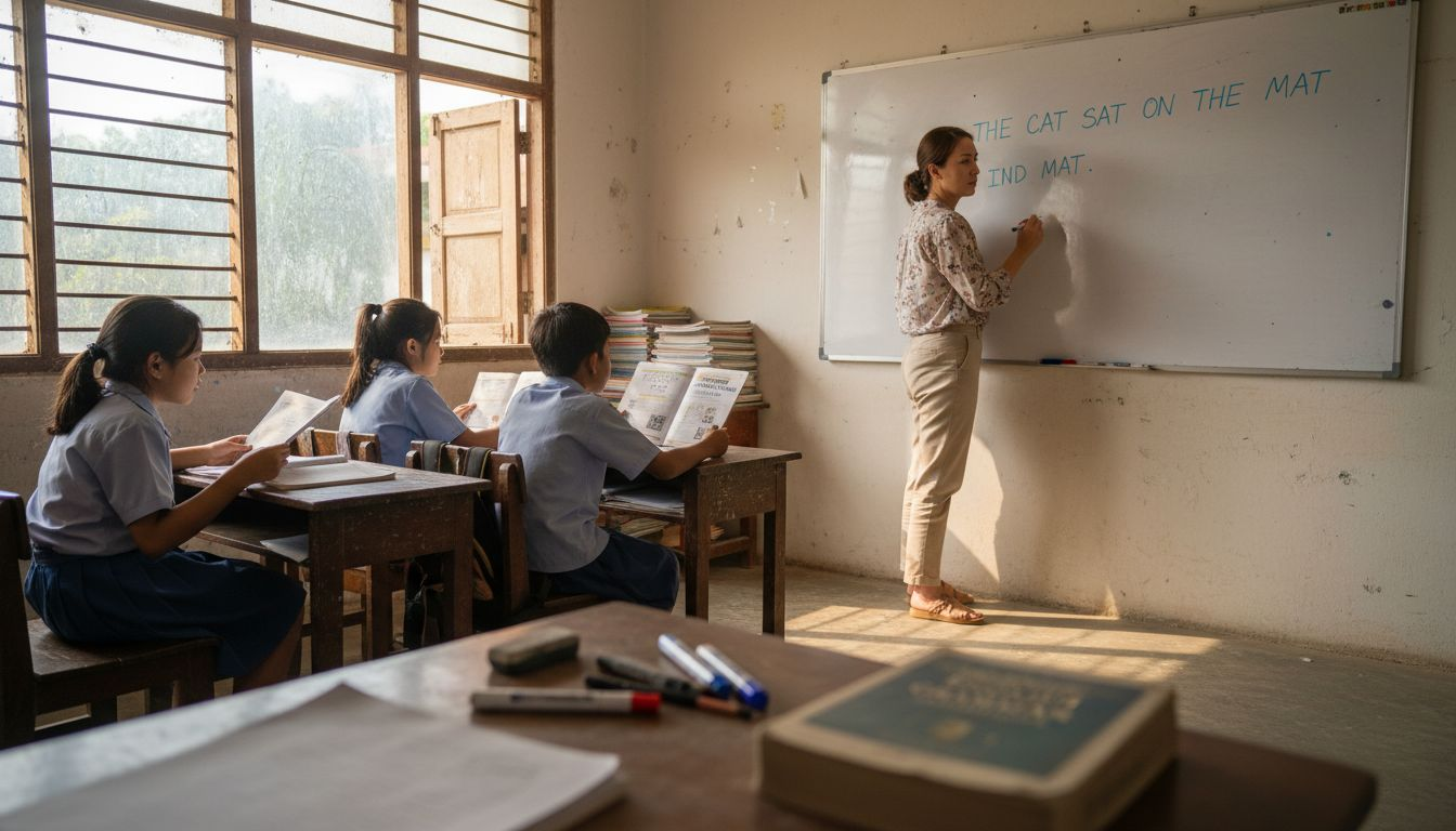 English teacher writing on classroom whiteboard