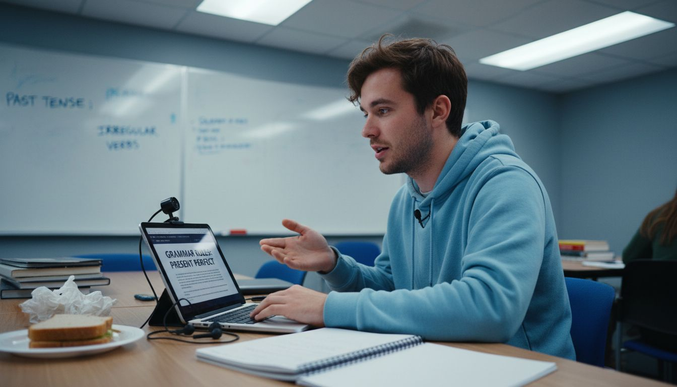 Teacher recording ESL video lessons in study room