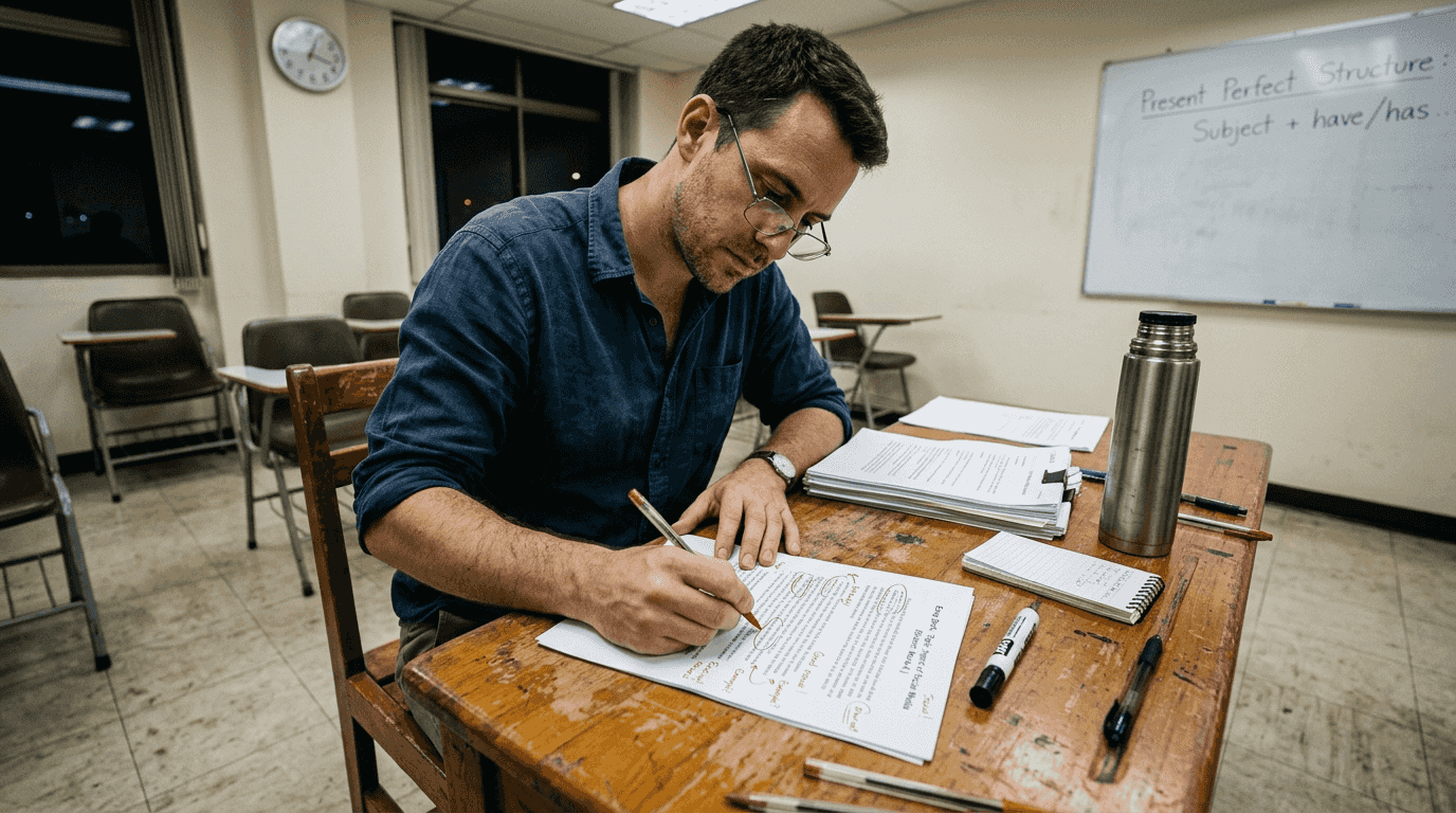 TEFL instructor marking student essays at classroom desk