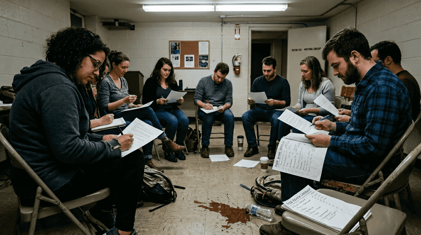 Adult students conducting peer writing review