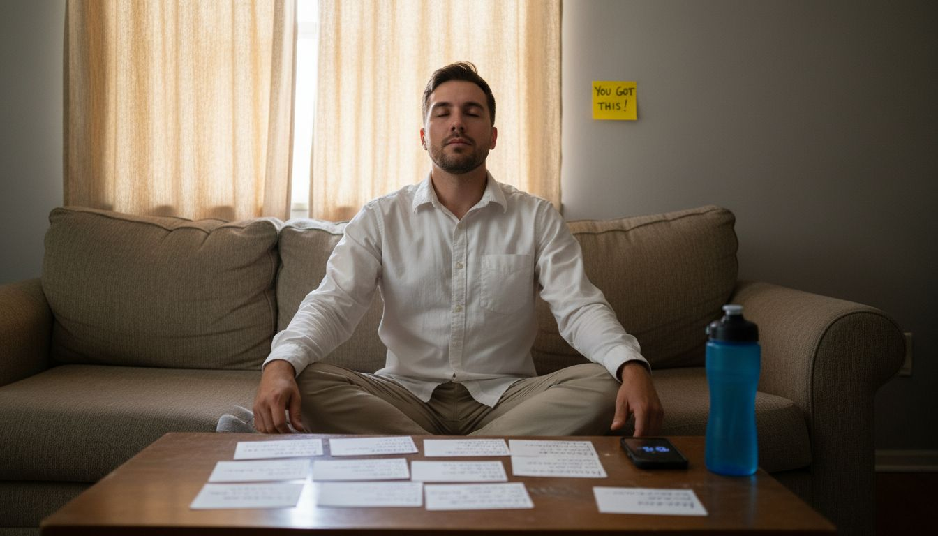 Teacher practicing breathing before interview at home