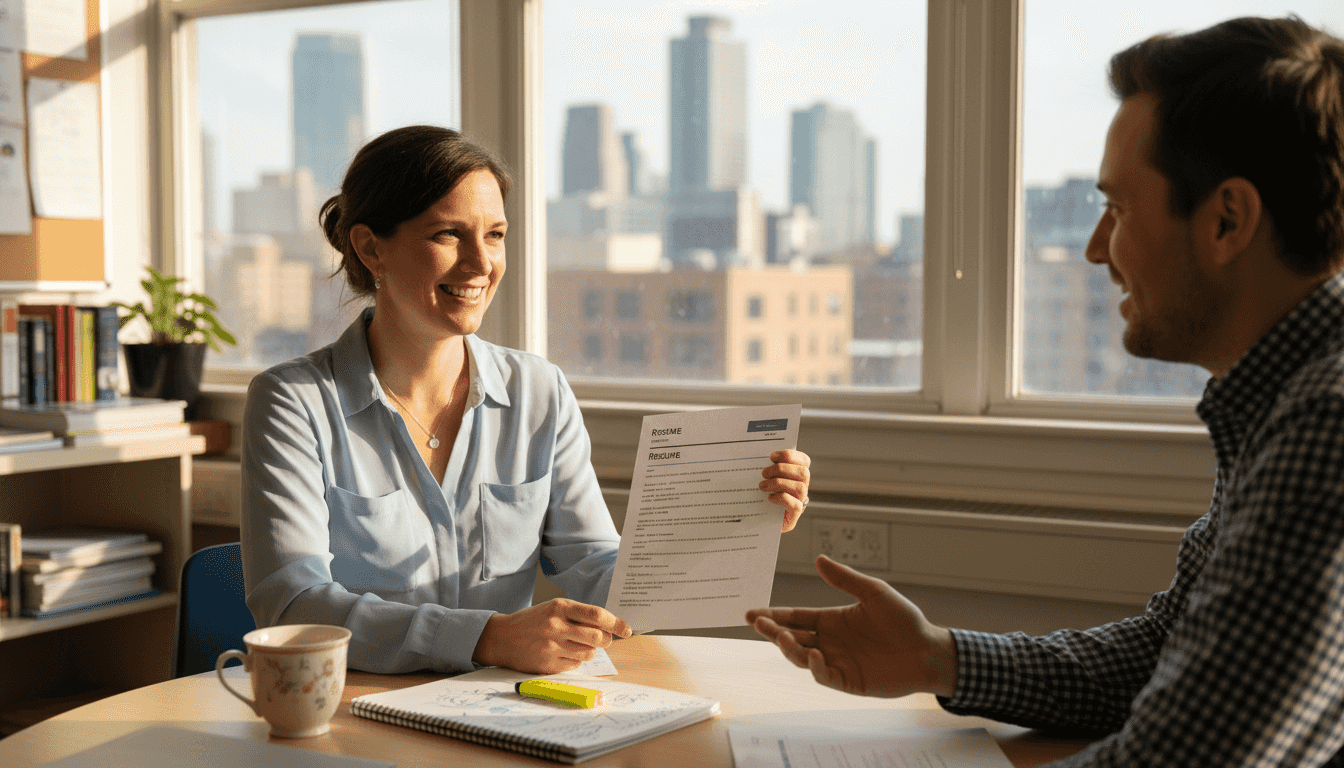 TEFL teacher practicing interview in school staff room