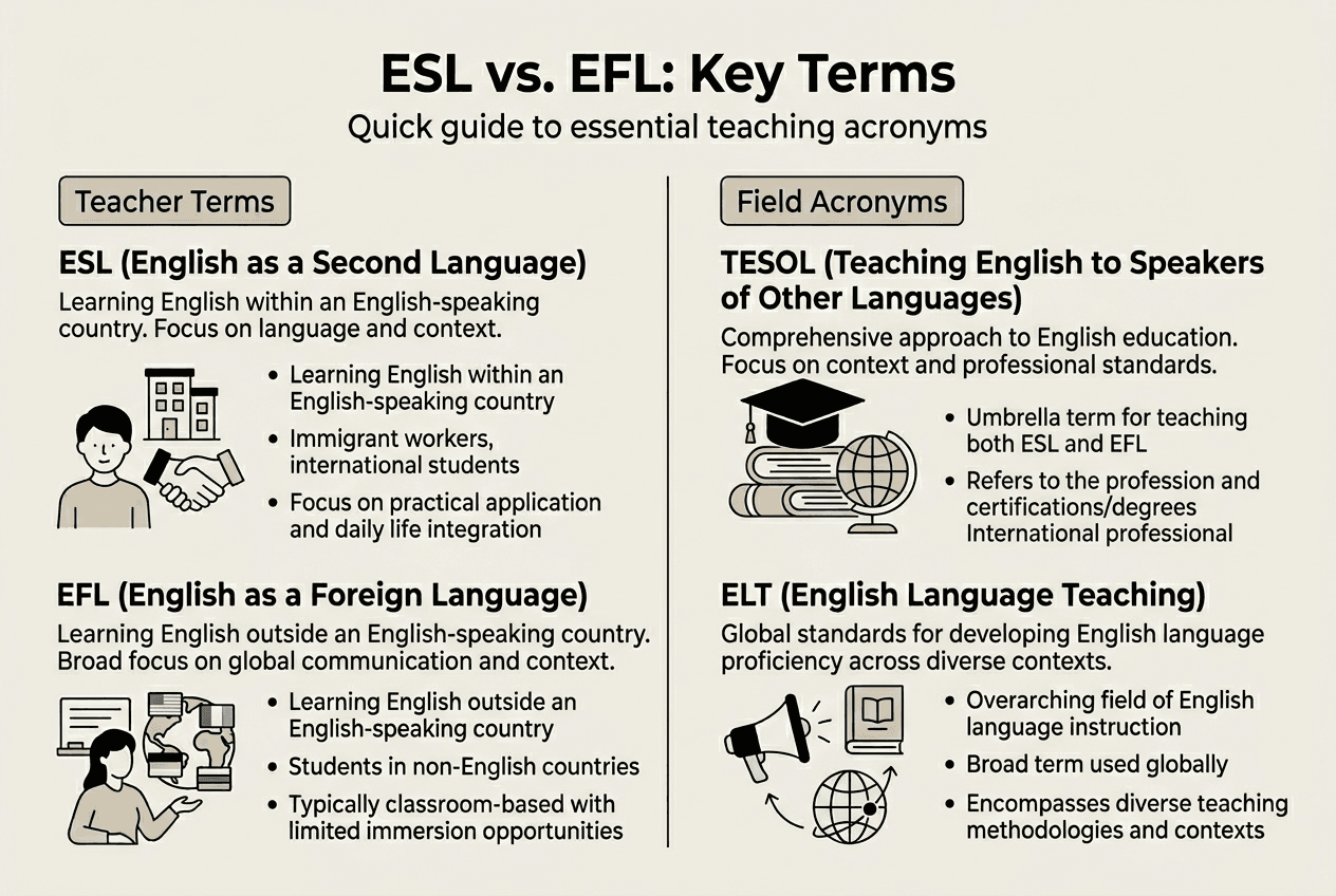 Infographic comparing ESL, EFL, TESOL and ELT
