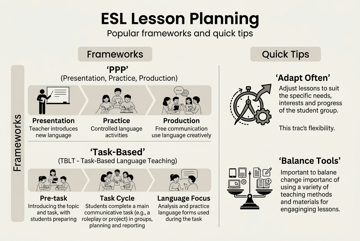 Infographic of ESL frameworks and planning tips