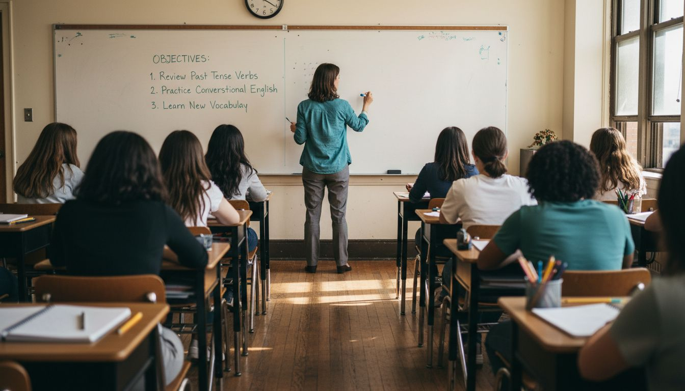 ESL teacher planning lesson in bright classroom