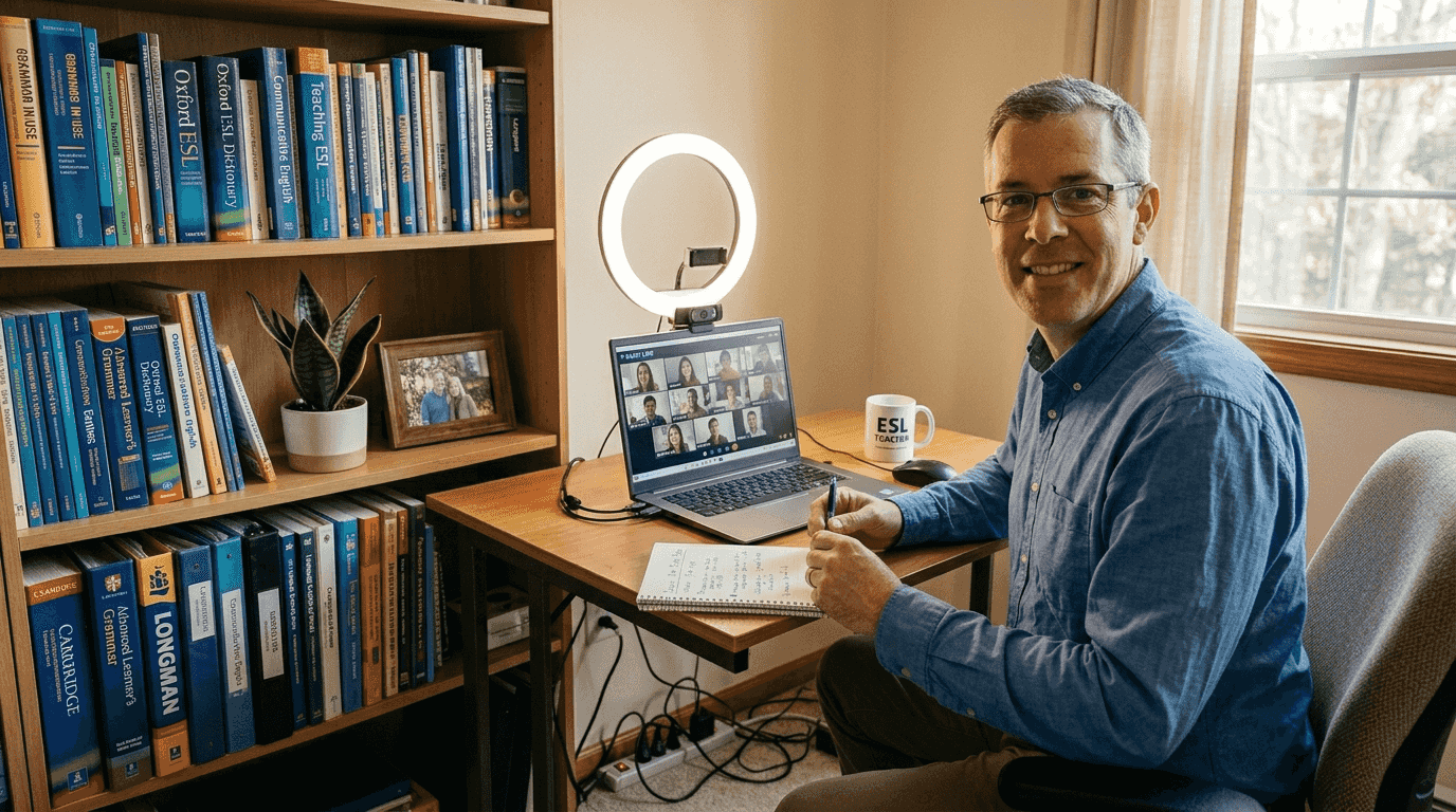 Teacher in organized home video call setup