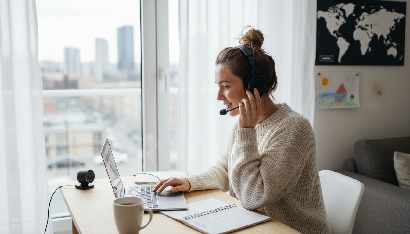 Teacher adjusting headset at laptop desk