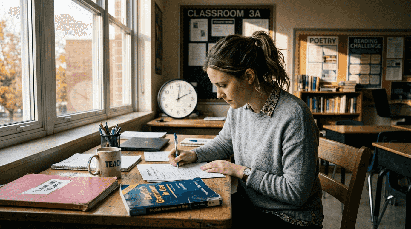 Teacher planning lessons in classroom setting