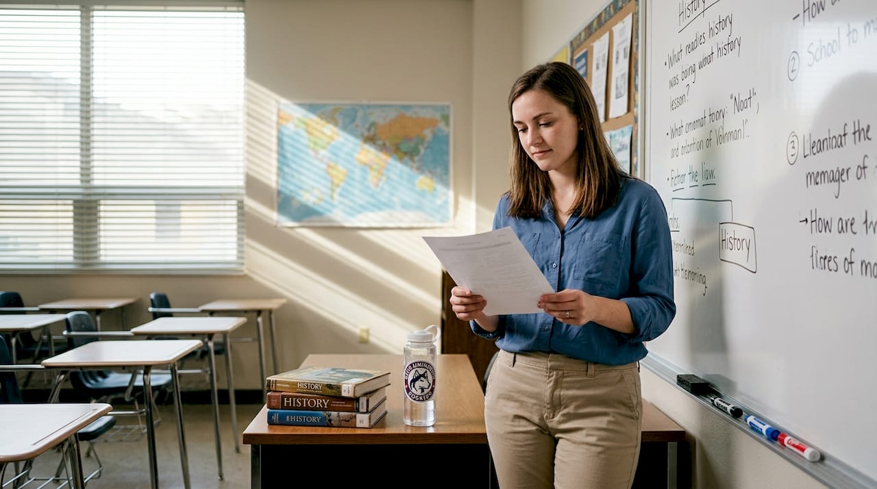 Teacher reviews lesson plan in sunlit classroom