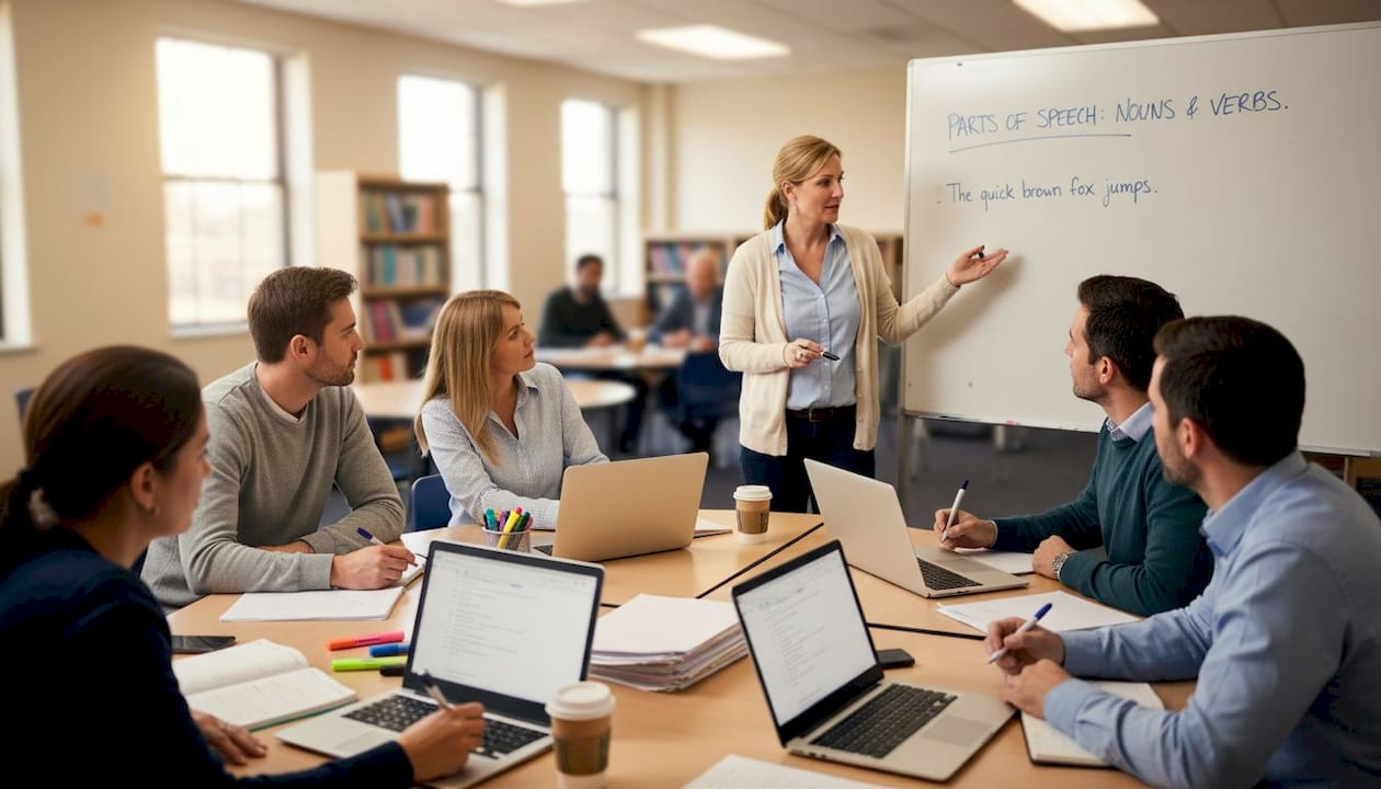 Trainee teachers observing peer lesson in classroom