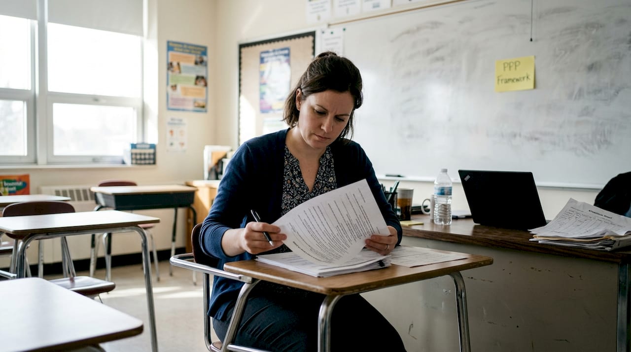 Teacher planning lessons with classroom materials