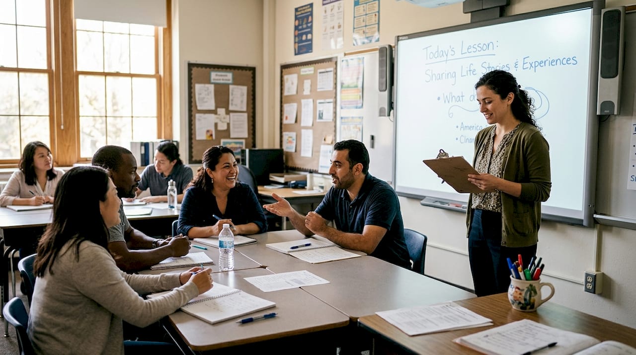 ESL teacher leading group classroom discussion