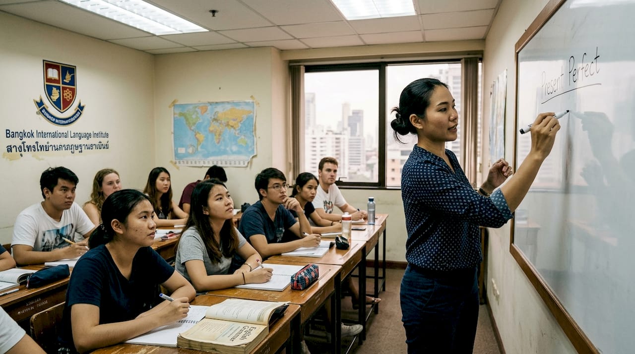 Teacher instructs classroom in lively TEFL setting