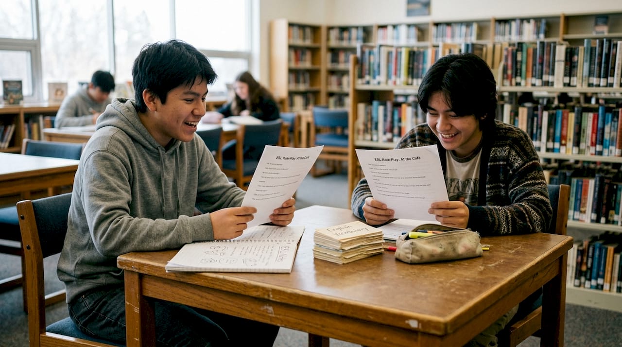 Students practice ESL role-play exercise