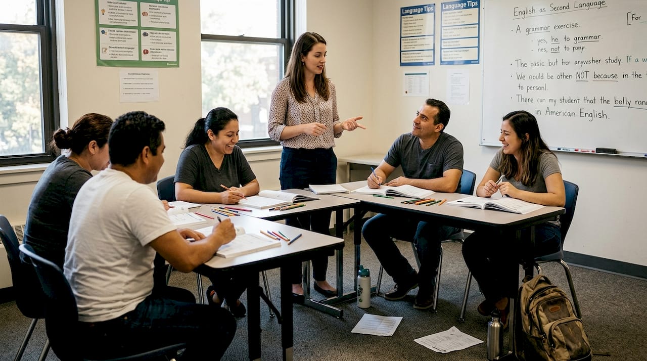 Teacher leads active ESL classroom session