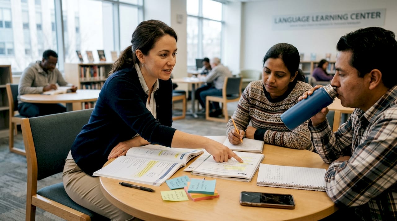 ESL teacher guiding adult students in library