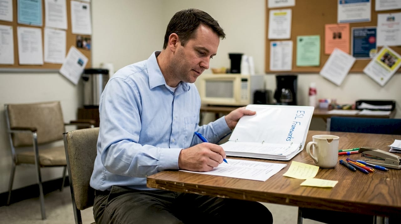 Teacher planning ESL lessons at desk