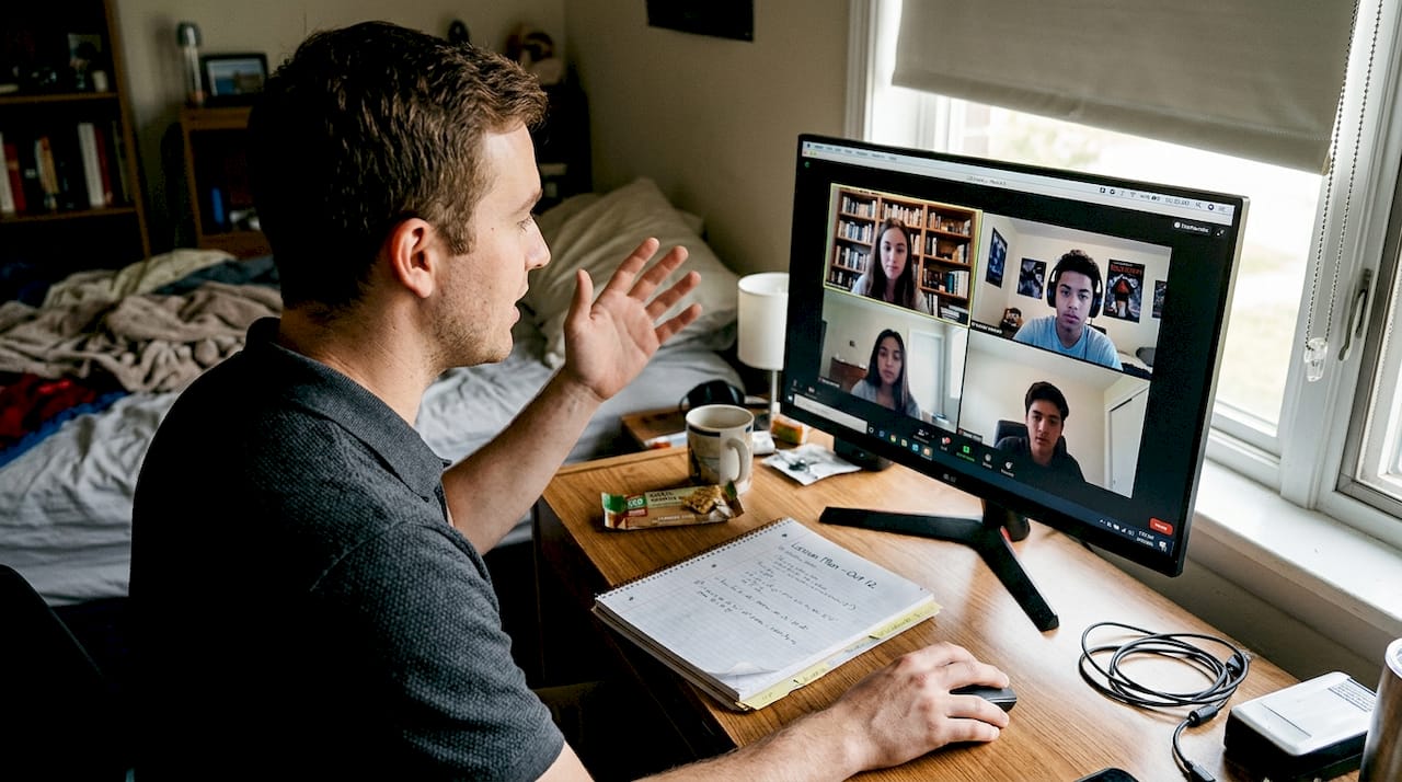 Teacher leading online ESL lesson in bedroom