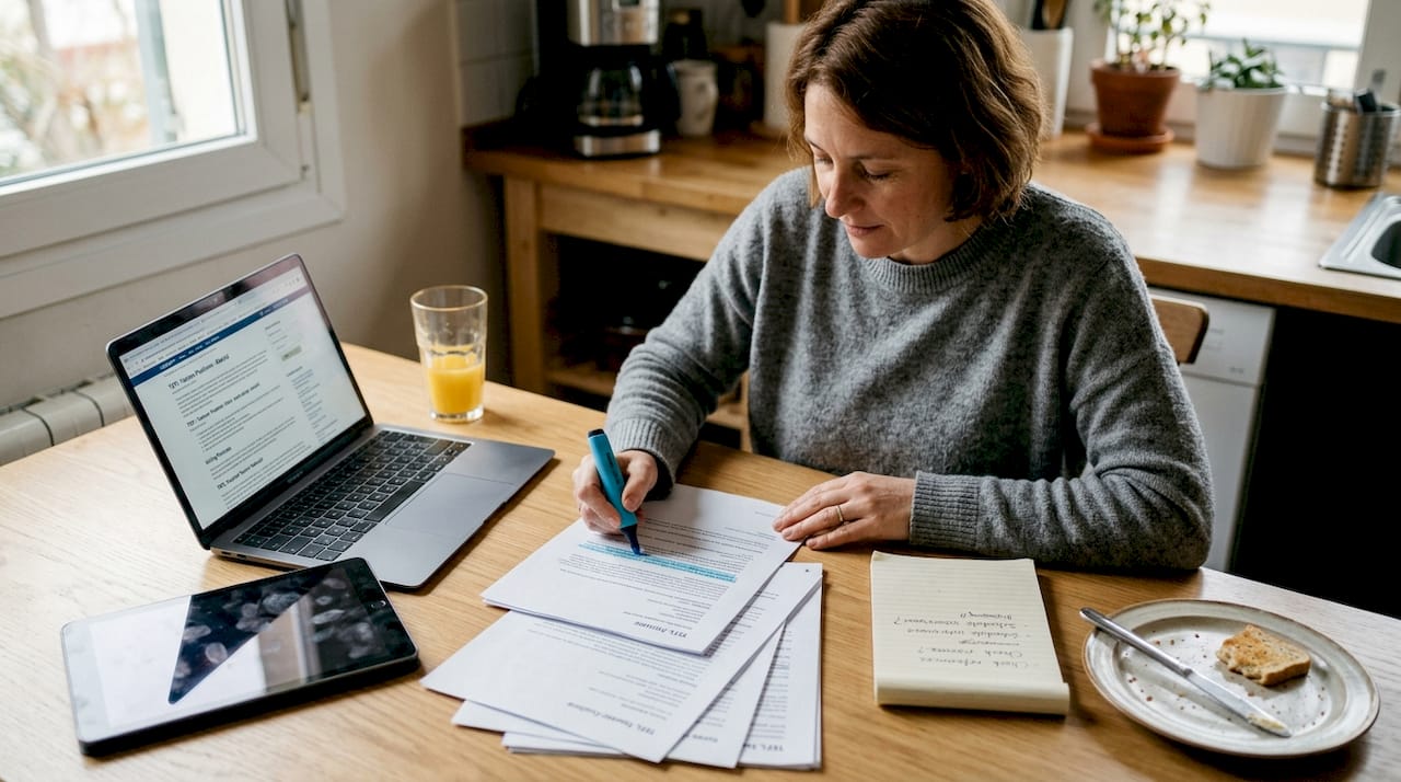 Manager reviews TEFL resumes at kitchen table