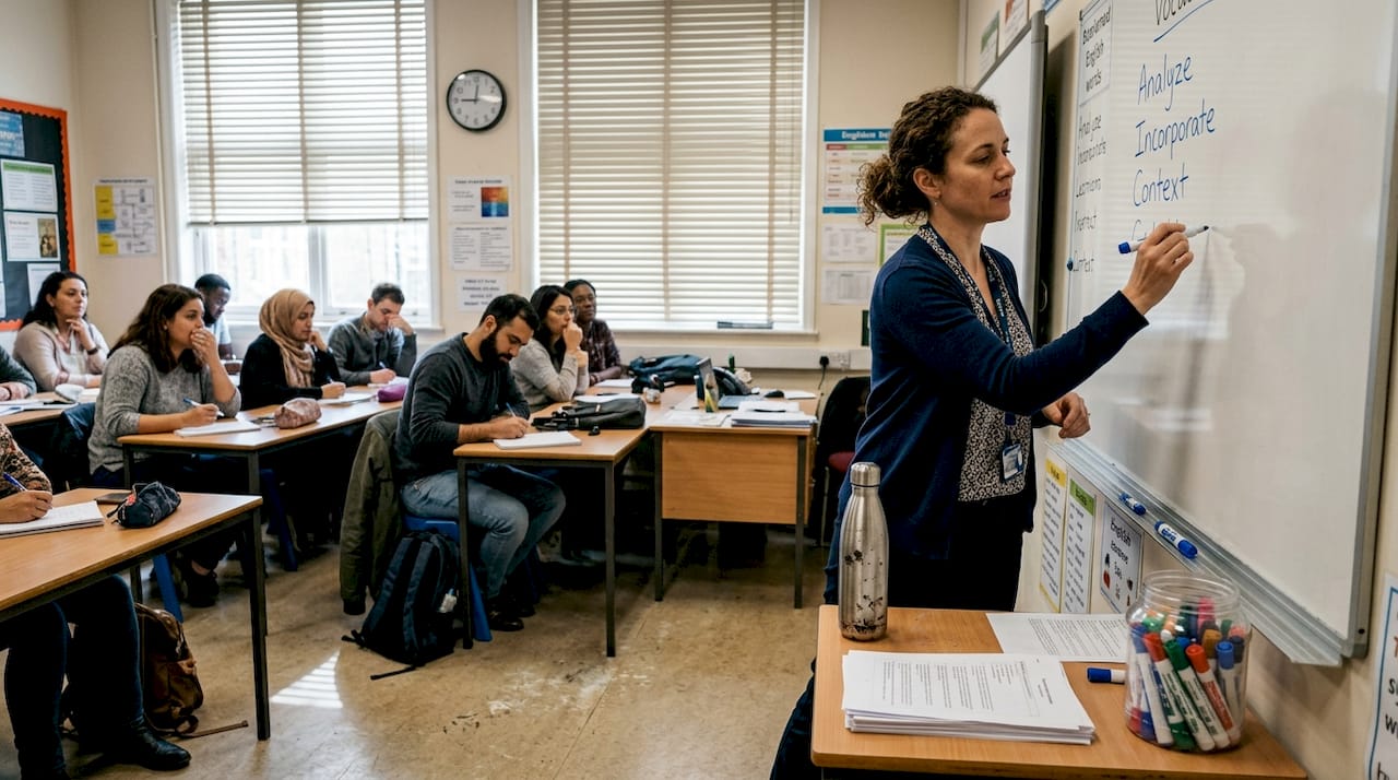 TEFL teacher instructs diverse adult classroom