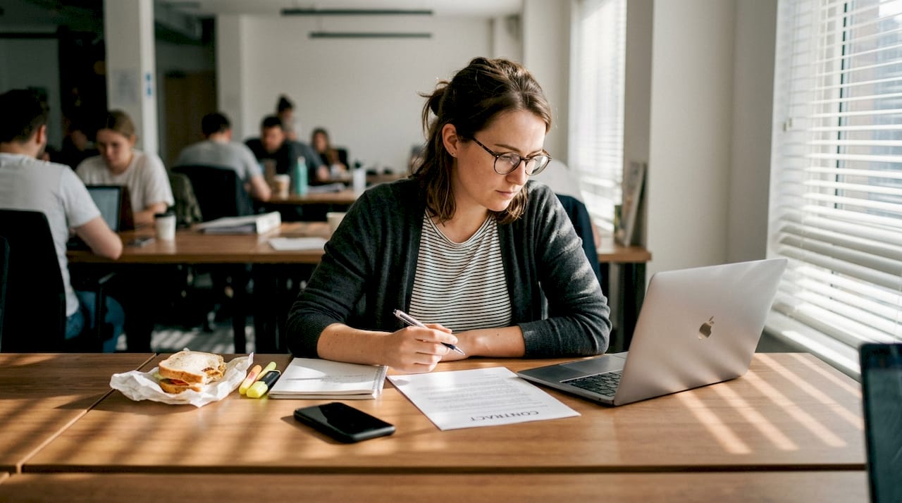 Person comparing contract benefits at desk