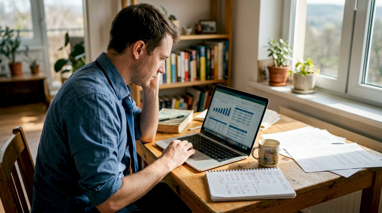 Teacher reviewing TEFL salary charts at home
