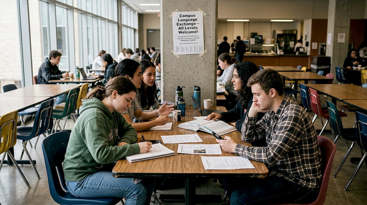 University students studying English together