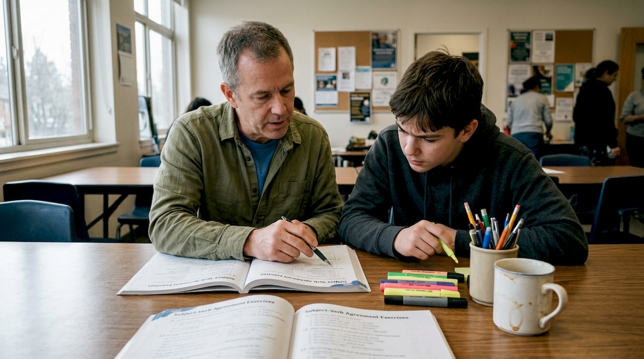 Teacher and student reviewing grammar points