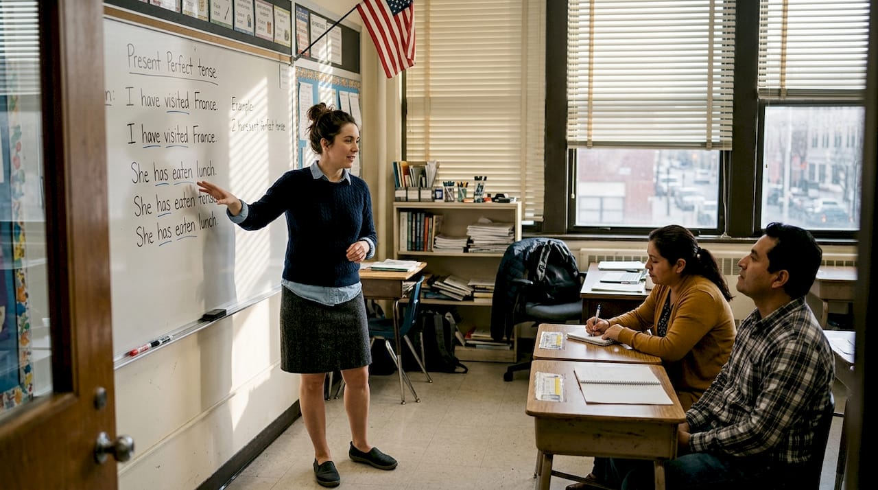 Teacher leading ESL discussion in classroom