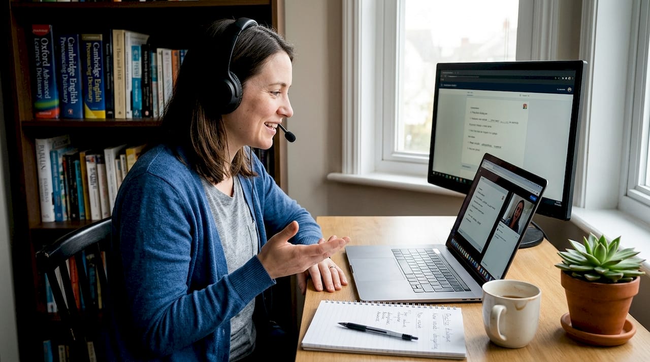 English teacher video calling from home office