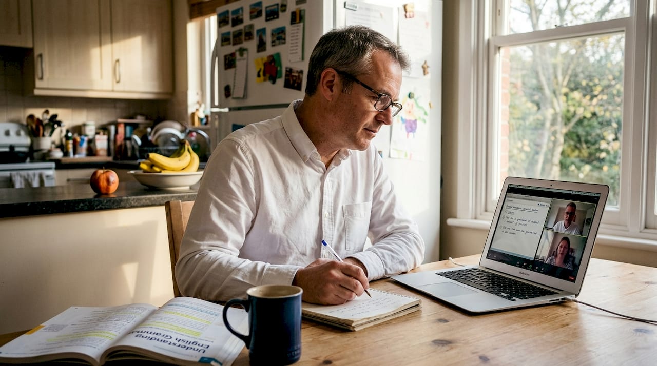 Adult teaching English remotely at kitchen table, online TEFL jobs from home