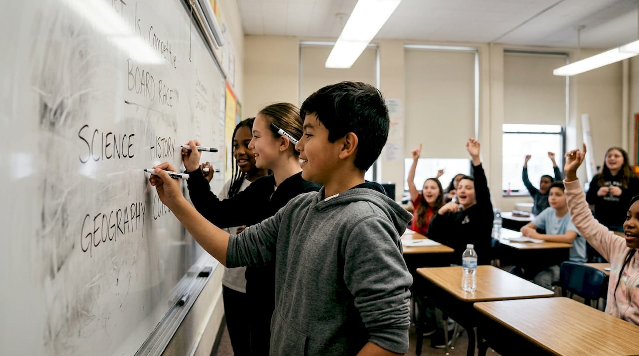 Students compete in classroom board race, ESL speaking activities