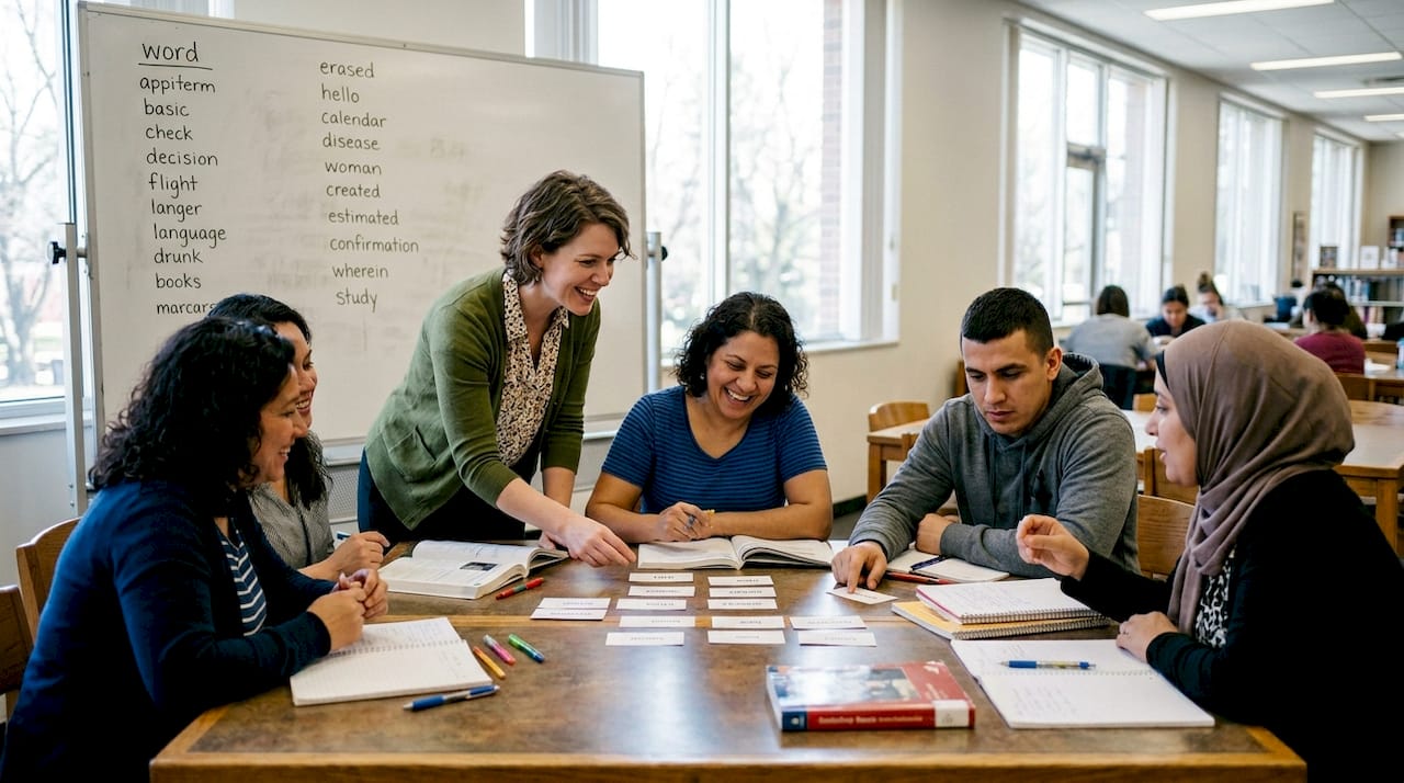 Teacher and students playing language card game