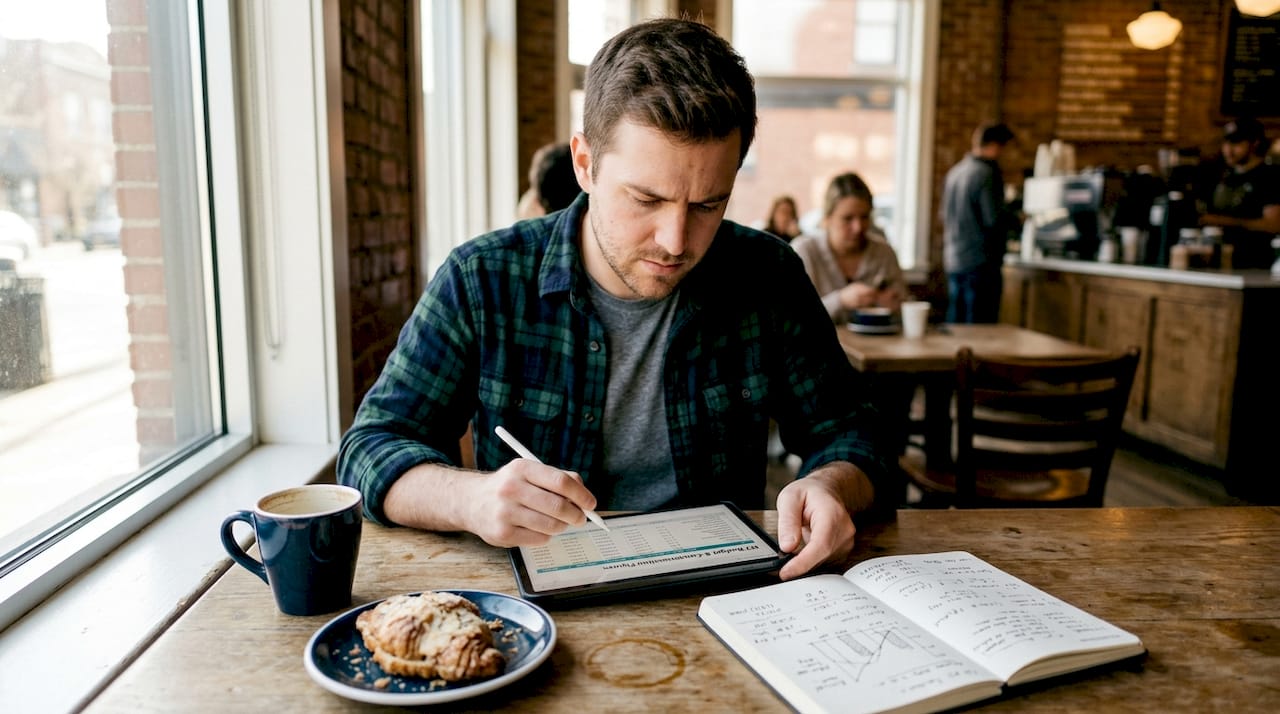 TEFL teacher studies salary data in cafe