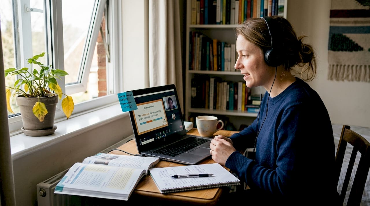 Teacher delivers online English lesson from home office