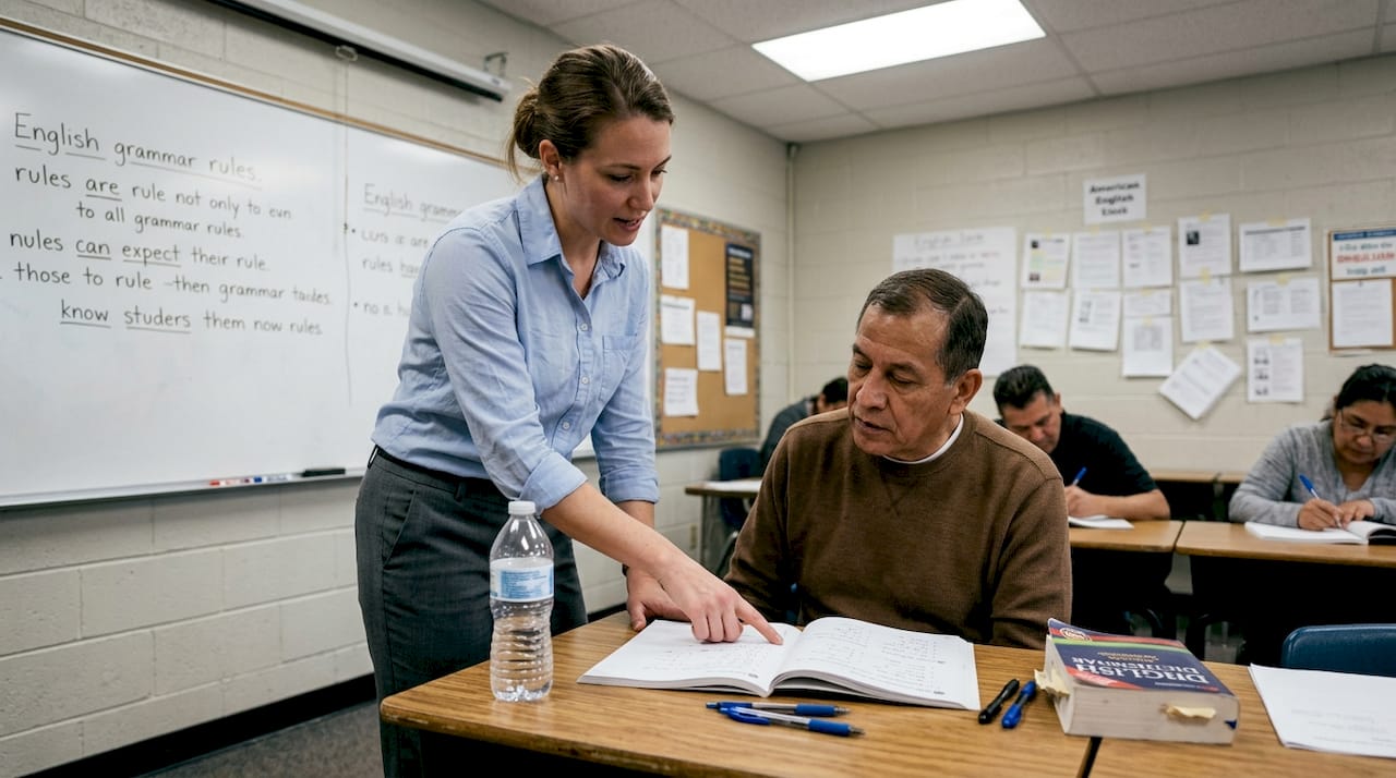 Teacher assisting ESOL student in classroom