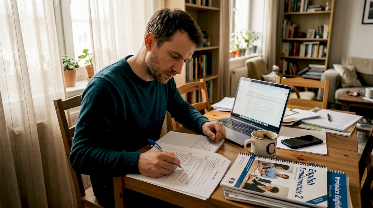 TEFL teacher reviewing lesson plans at home table