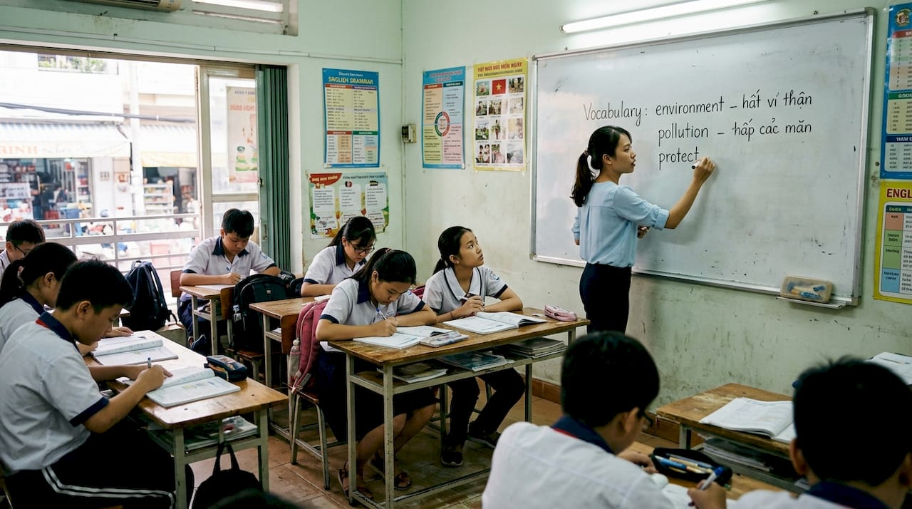 TEFL teacher writing on whiteboard in classroom