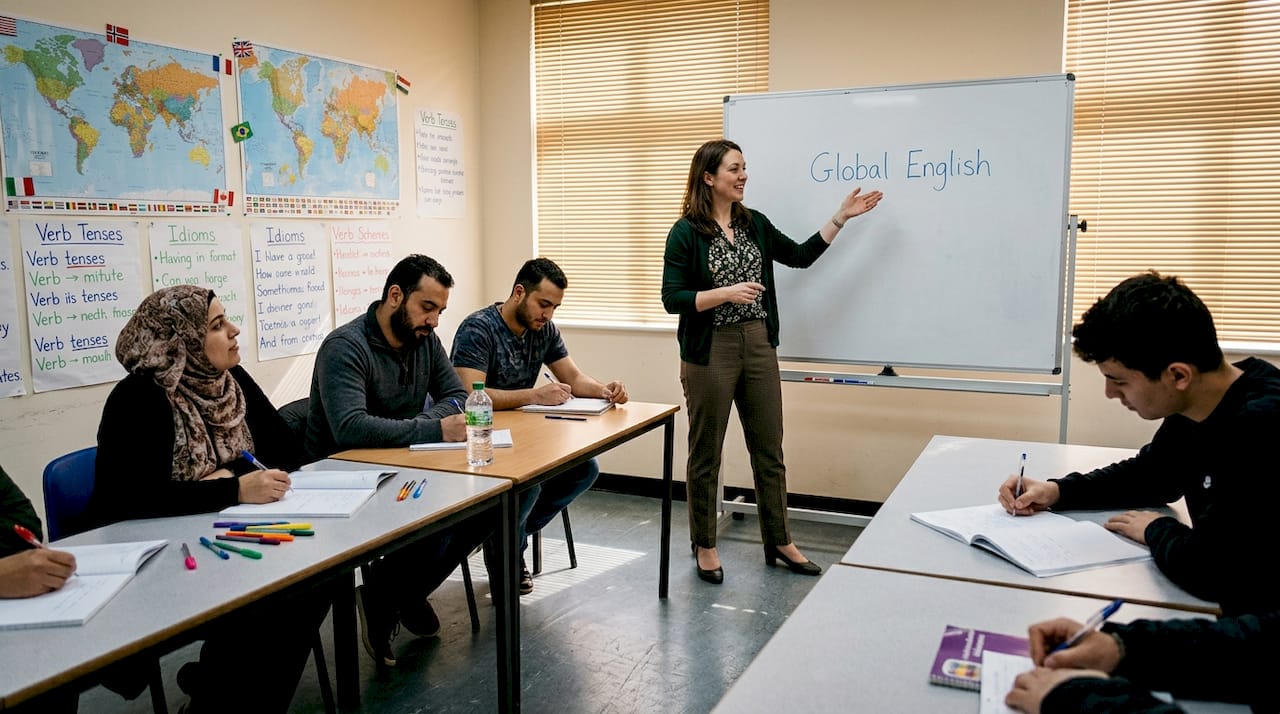 TEFL teacher explaining Global English in class