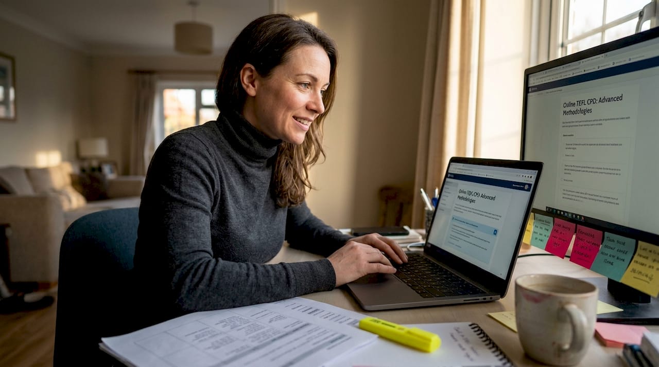 TEFL teacher studying for CPD at home