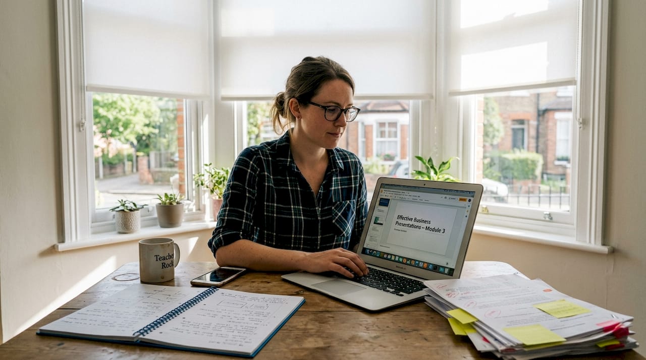 Teacher preparing Business English lesson in home office