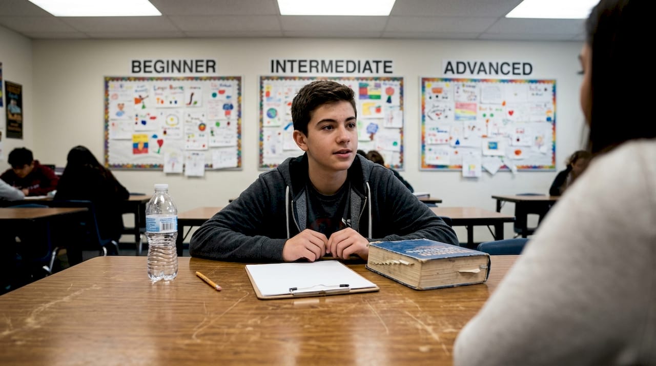 Teen student studying language stages in real classroom