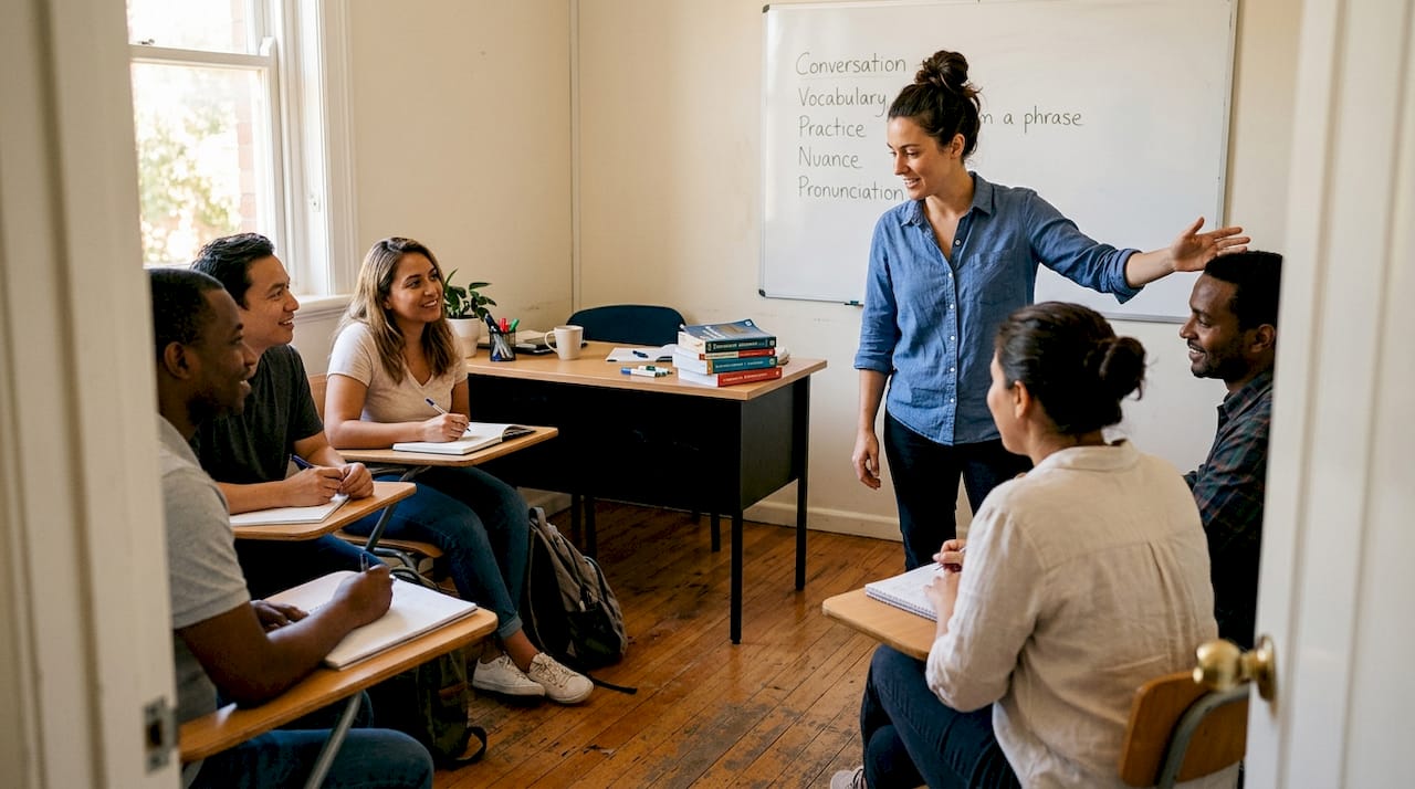 TEFL teacher leading an interactive classroom discussion