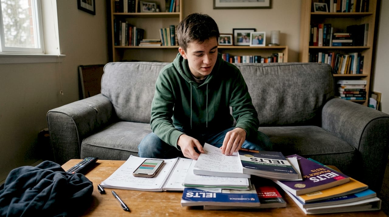 Teen sorting IELTS study materials on couch