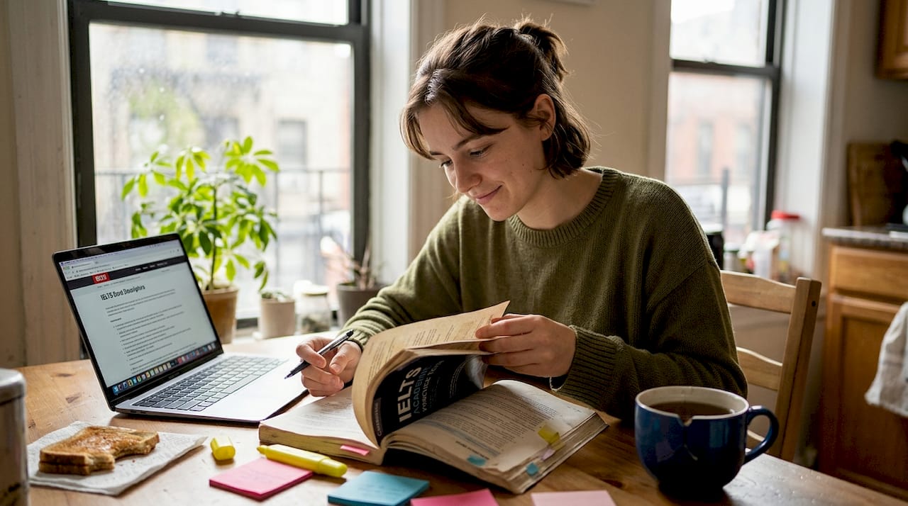 Student prepares for IELTS exam at kitchen table