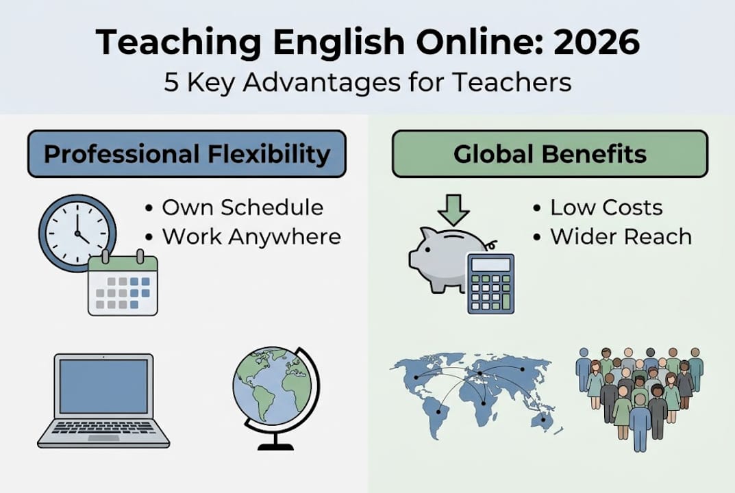 Infographic highlighting online English teaching benefits