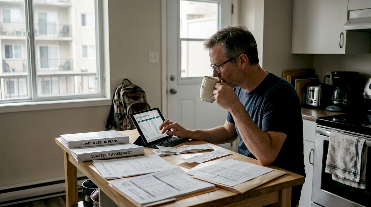Teacher reviewing bills at kitchen counter